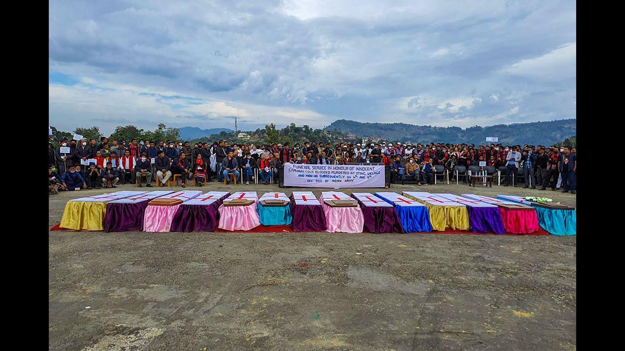 People attend a mass funeral of civilians killed by Indian security forces on December 4 after firing on a truck and later shooting at a crowd that gathered to protest the attack in Mon district, Nagaland. Pic/AFP